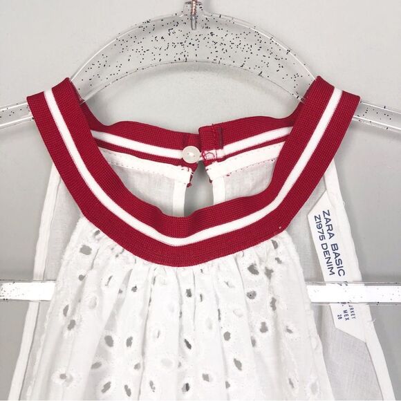 ZARA | White Eyelet Tank Top Red Stripe Halter Neckline Women’s Size Medium - Picture 2 of 8